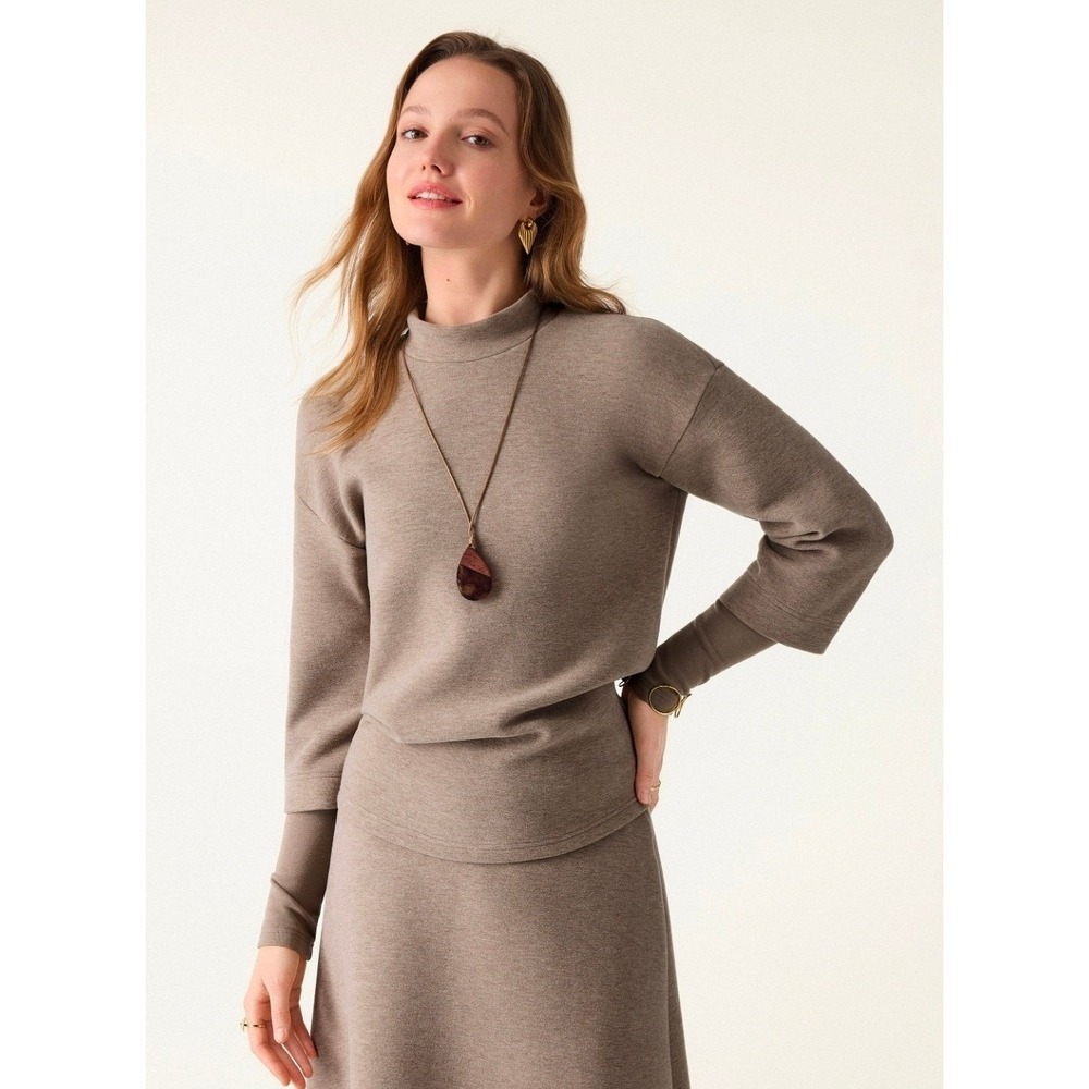 OGL Women Medium FuzzLuxe Scuba Taupe Brown Mock Neck Top Layered Sleeve Warmer